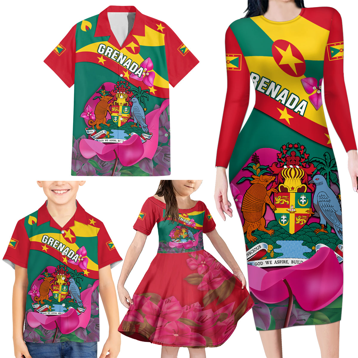 Grenada Independence Day Family Matching Long Sleeve Bodycon Dress and Hawaiian Shirt Gwenad Bougainvillea Flowers - Wonder Print Shop