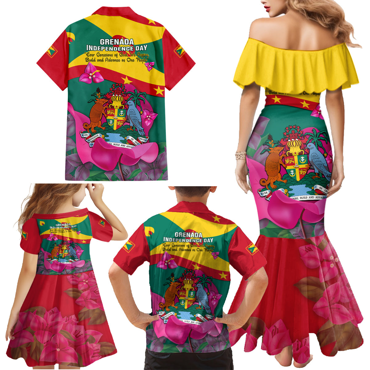 Grenada Independence Day Family Matching Mermaid Dress and Hawaiian Shirt Gwenad Bougainvillea Flowers - Wonder Print Shop