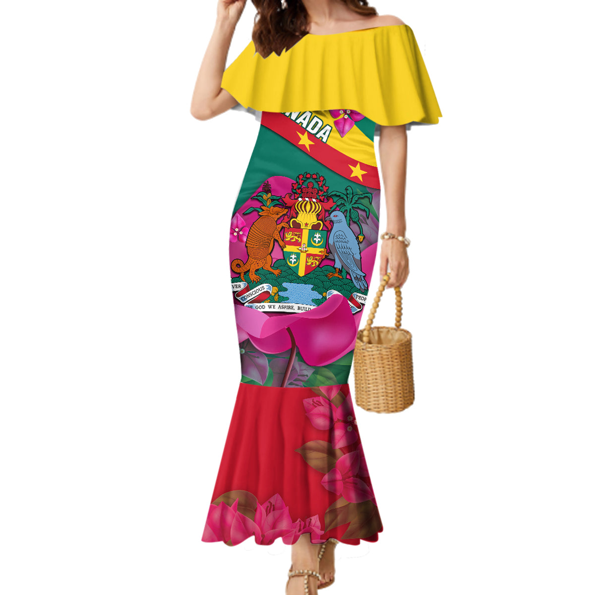 Grenada Independence Day Family Matching Mermaid Dress and Hawaiian Shirt Gwenad Bougainvillea Flowers - Wonder Print Shop