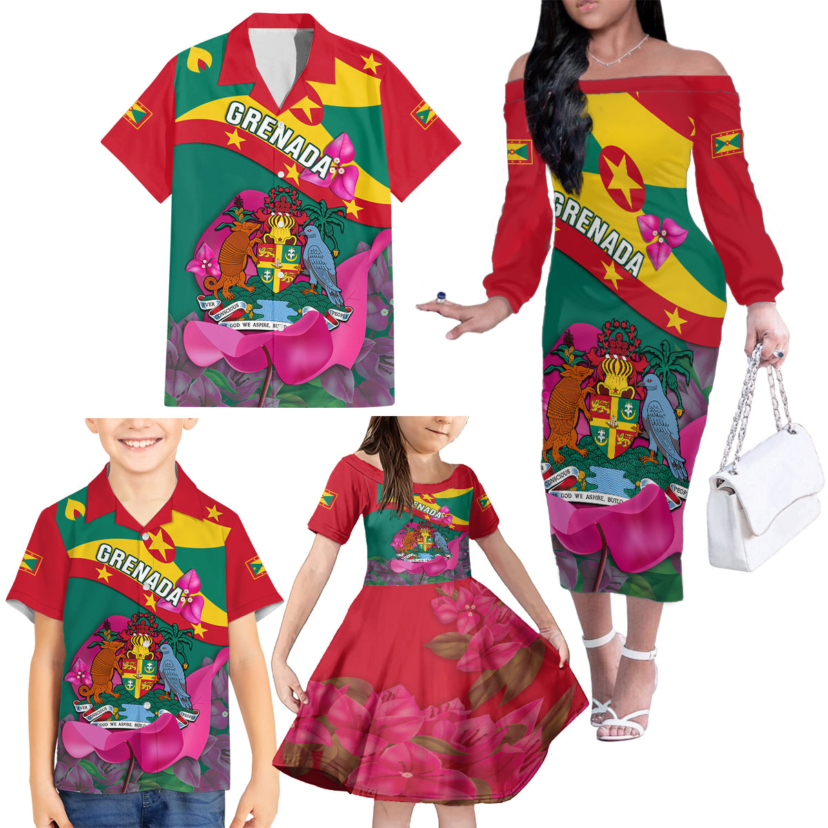 Grenada Independence Day Family Matching Off Shoulder Long Sleeve Dress and Hawaiian Shirt Gwenad Bougainvillea Flowers - Wonder Print Shop