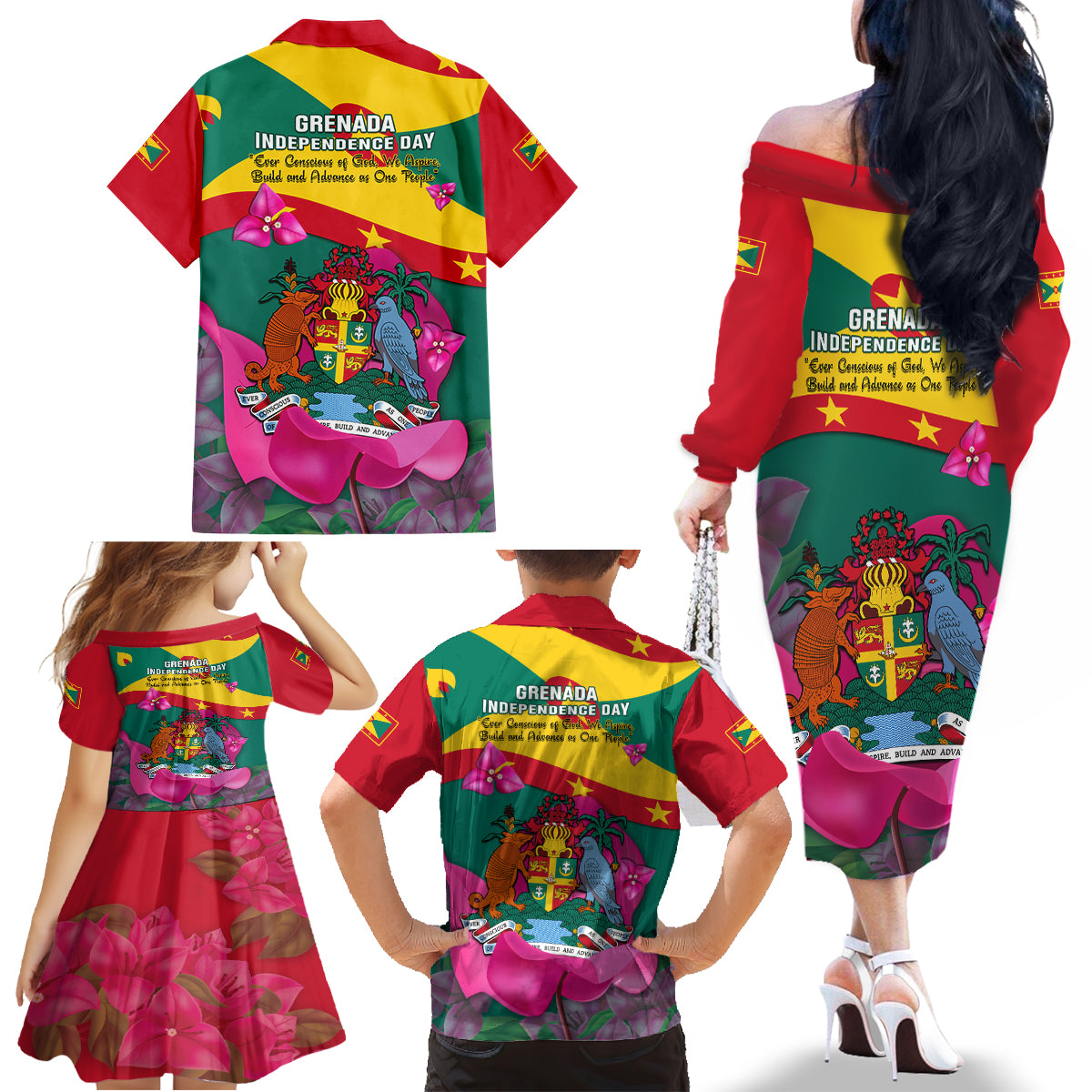 Grenada Independence Day Family Matching Off Shoulder Long Sleeve Dress and Hawaiian Shirt Gwenad Bougainvillea Flowers - Wonder Print Shop