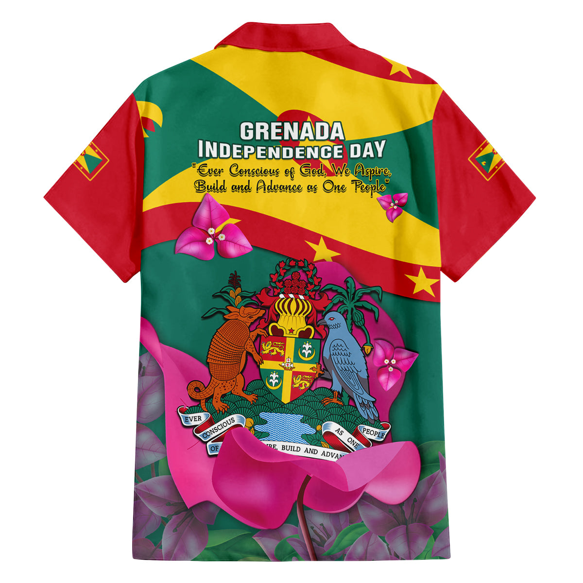 Grenada Independence Day Family Matching Off Shoulder Long Sleeve Dress and Hawaiian Shirt Gwenad Bougainvillea Flowers - Wonder Print Shop