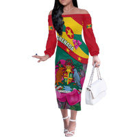 Grenada Independence Day Family Matching Off Shoulder Long Sleeve Dress and Hawaiian Shirt Gwenad Bougainvillea Flowers - Wonder Print Shop