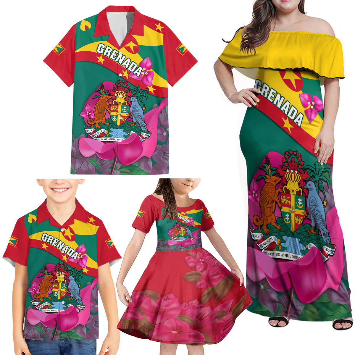 Grenada Independence Day Family Matching Off Shoulder Maxi Dress and Hawaiian Shirt Gwenad Bougainvillea Flowers - Wonder Print Shop