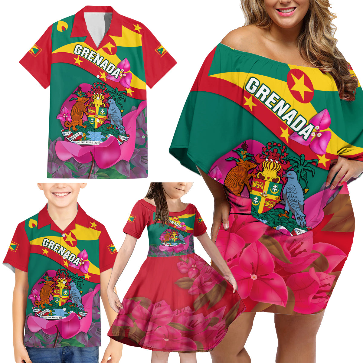 Grenada Independence Day Family Matching Off Shoulder Short Dress and Hawaiian Shirt Gwenad Bougainvillea Flowers - Wonder Print Shop
