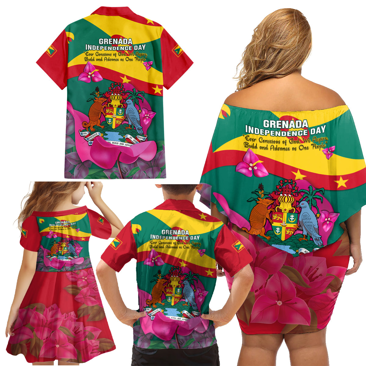 Grenada Independence Day Family Matching Off Shoulder Short Dress and Hawaiian Shirt Gwenad Bougainvillea Flowers - Wonder Print Shop