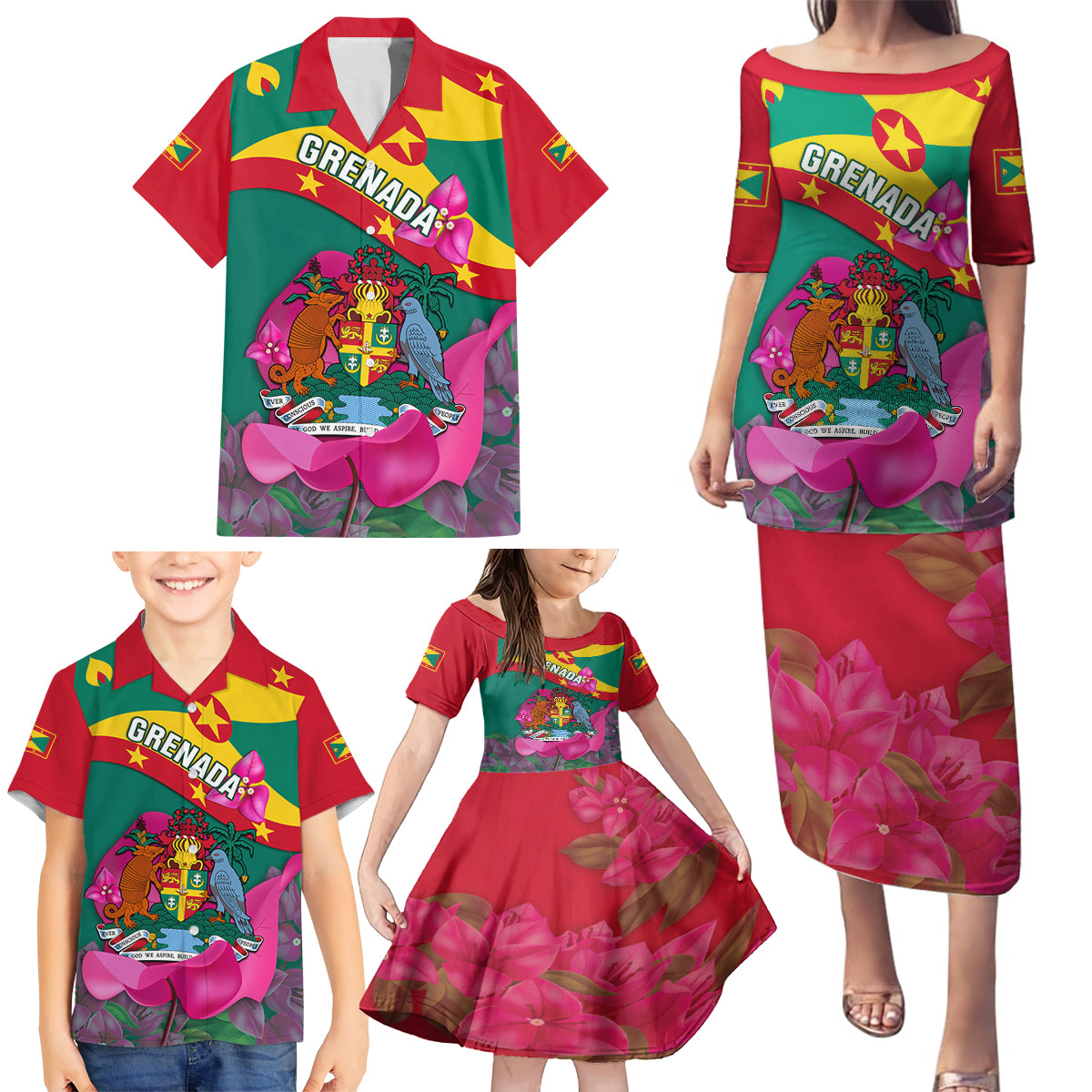 Grenada Independence Day Family Matching Puletasi Dress and Hawaiian Shirt Gwenad Bougainvillea Flowers - Wonder Print Shop