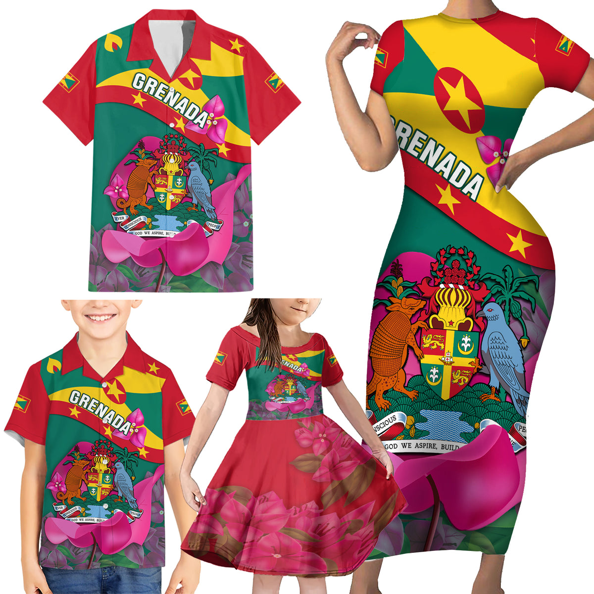 Grenada Independence Day Family Matching Short Sleeve Bodycon Dress and Hawaiian Shirt Gwenad Bougainvillea Flowers - Wonder Print Shop