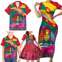 Grenada Independence Day Family Matching Short Sleeve Bodycon Dress and Hawaiian Shirt Gwenad Bougainvillea Flowers - Wonder Print Shop
