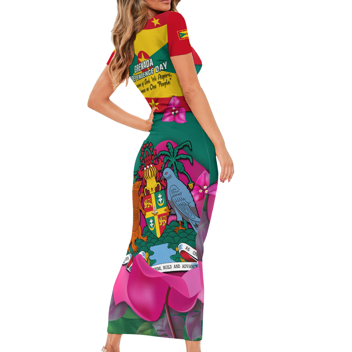 Grenada Independence Day Family Matching Short Sleeve Bodycon Dress and Hawaiian Shirt Gwenad Bougainvillea Flowers - Wonder Print Shop