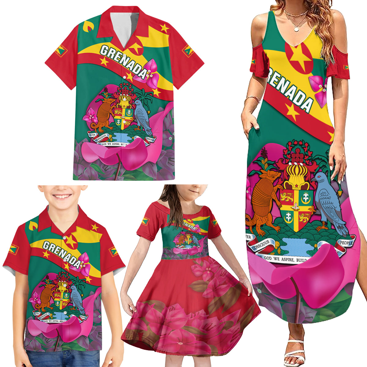 Grenada Independence Day Family Matching Summer Maxi Dress and Hawaiian Shirt Gwenad Bougainvillea Flowers - Wonder Print Shop