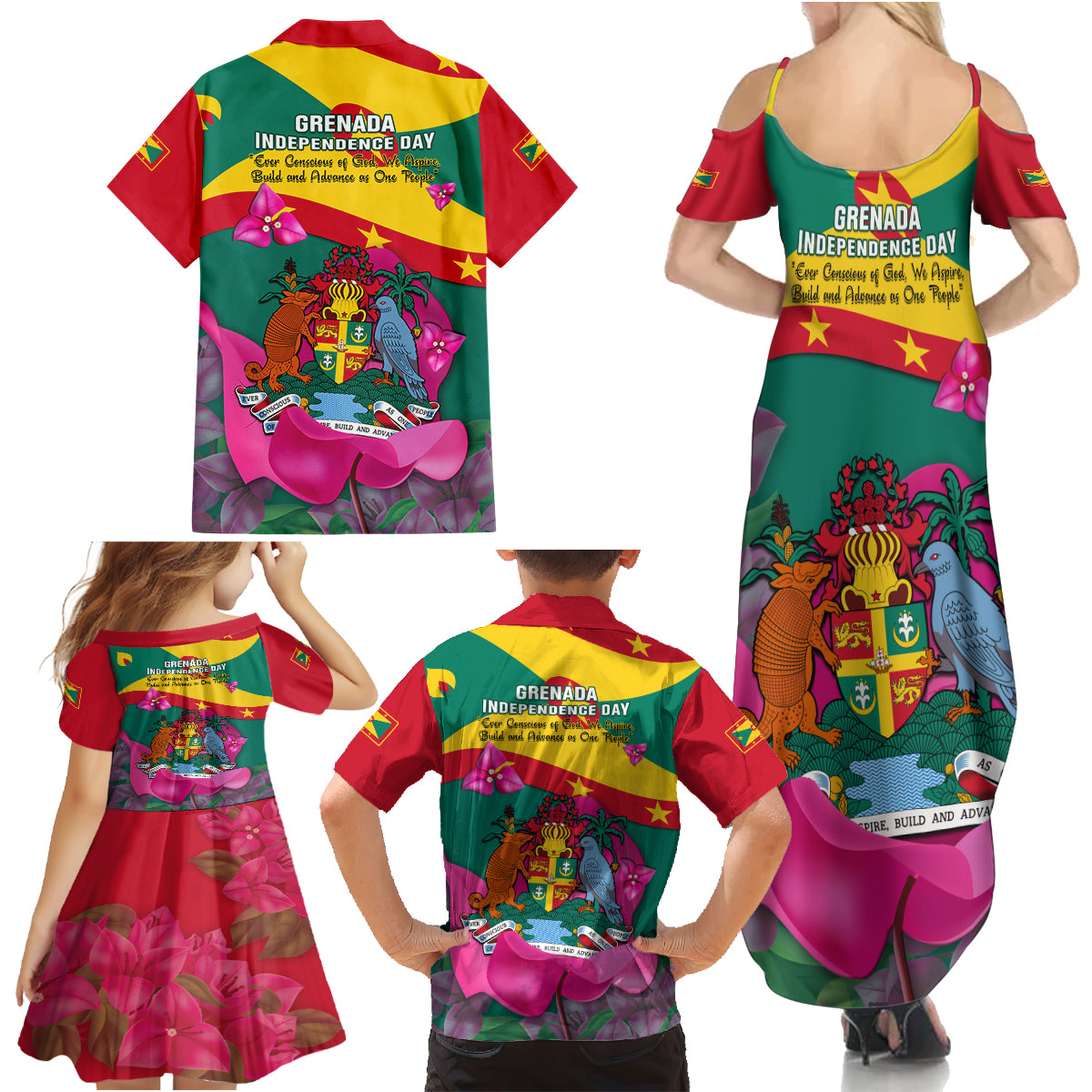 Grenada Independence Day Family Matching Summer Maxi Dress and Hawaiian Shirt Gwenad Bougainvillea Flowers - Wonder Print Shop
