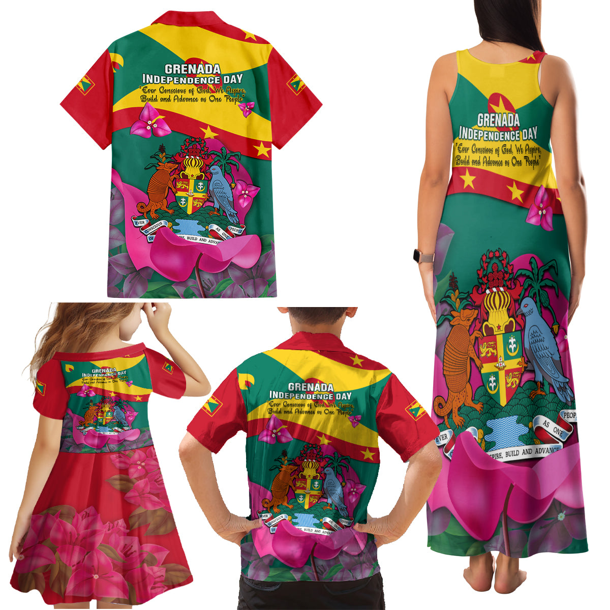 Grenada Independence Day Family Matching Tank Maxi Dress and Hawaiian Shirt Gwenad Bougainvillea Flowers - Wonder Print Shop