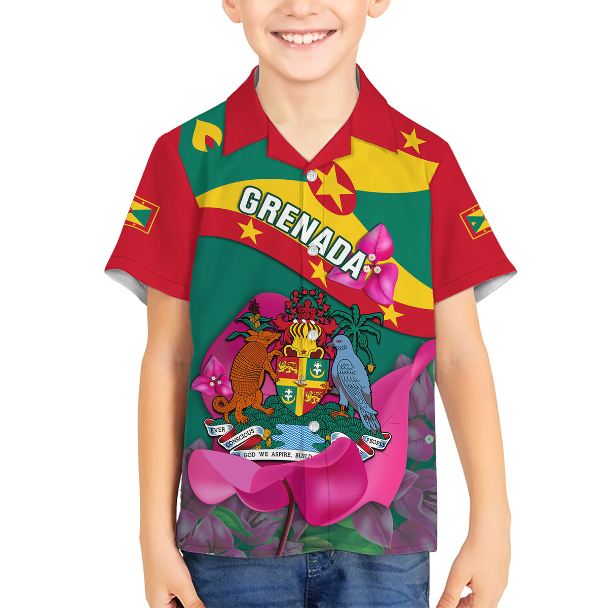 Grenada Independence Day Kid Hawaiian Shirt Gwenad Bougainvillea Flowers - Wonder Print Shop