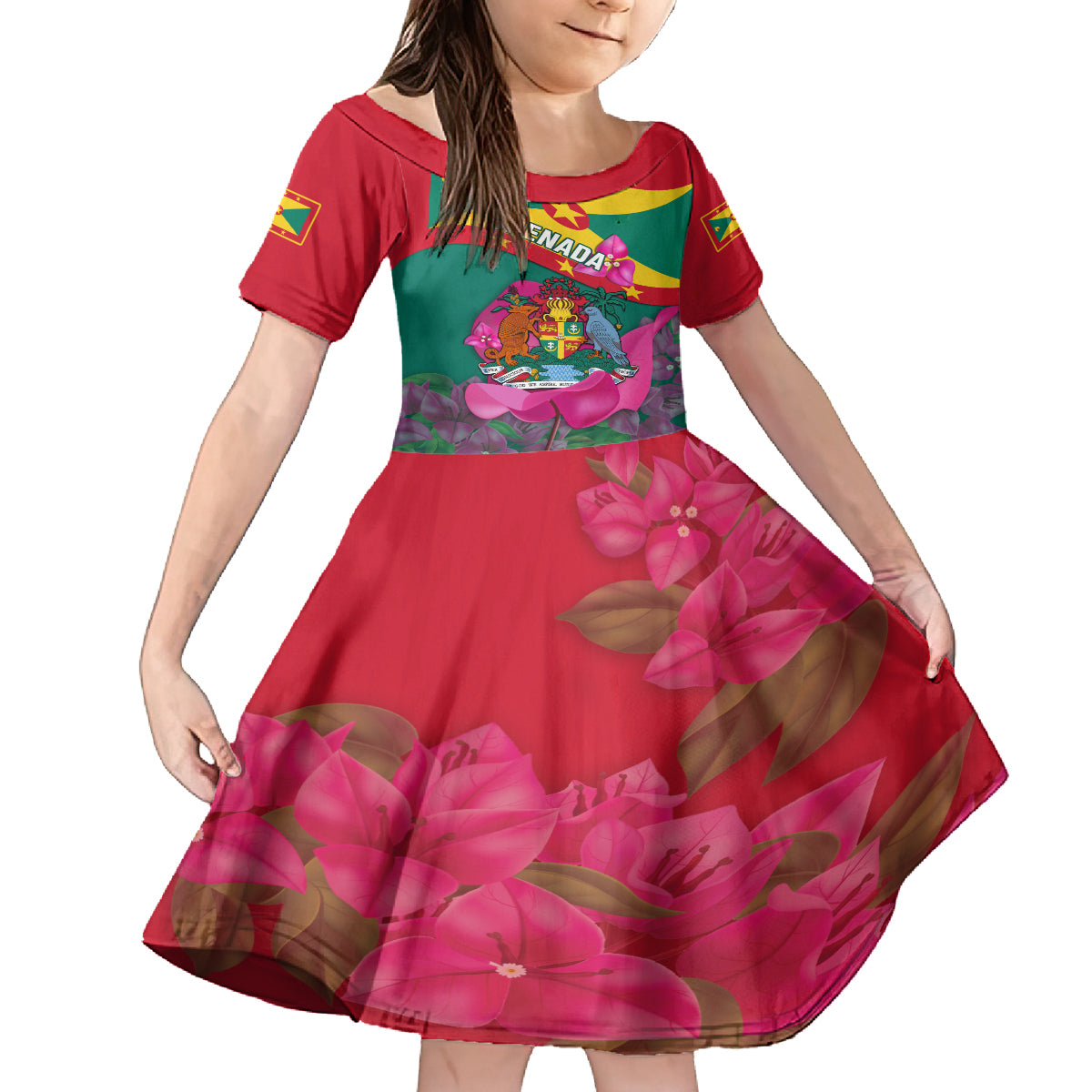 Grenada Independence Day Kid Short Sleeve Dress Gwenad Bougainvillea Flowers - Wonder Print Shop
