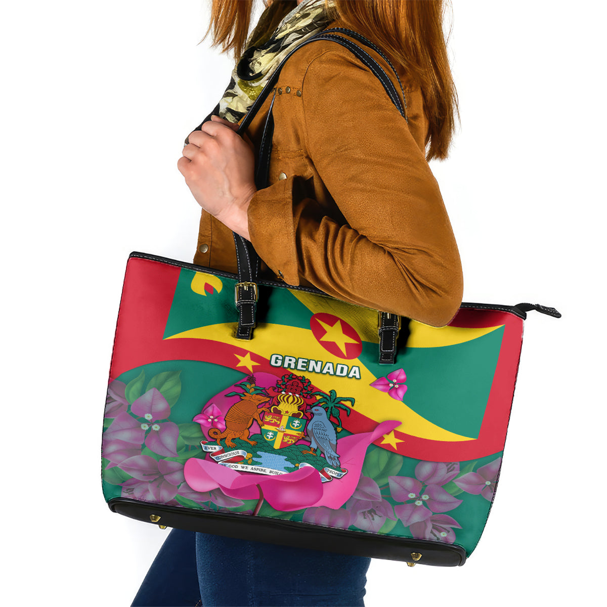 Grenada Independence Day Leather Tote Bag Gwenad Bougainvillea Flowers - Wonder Print Shop