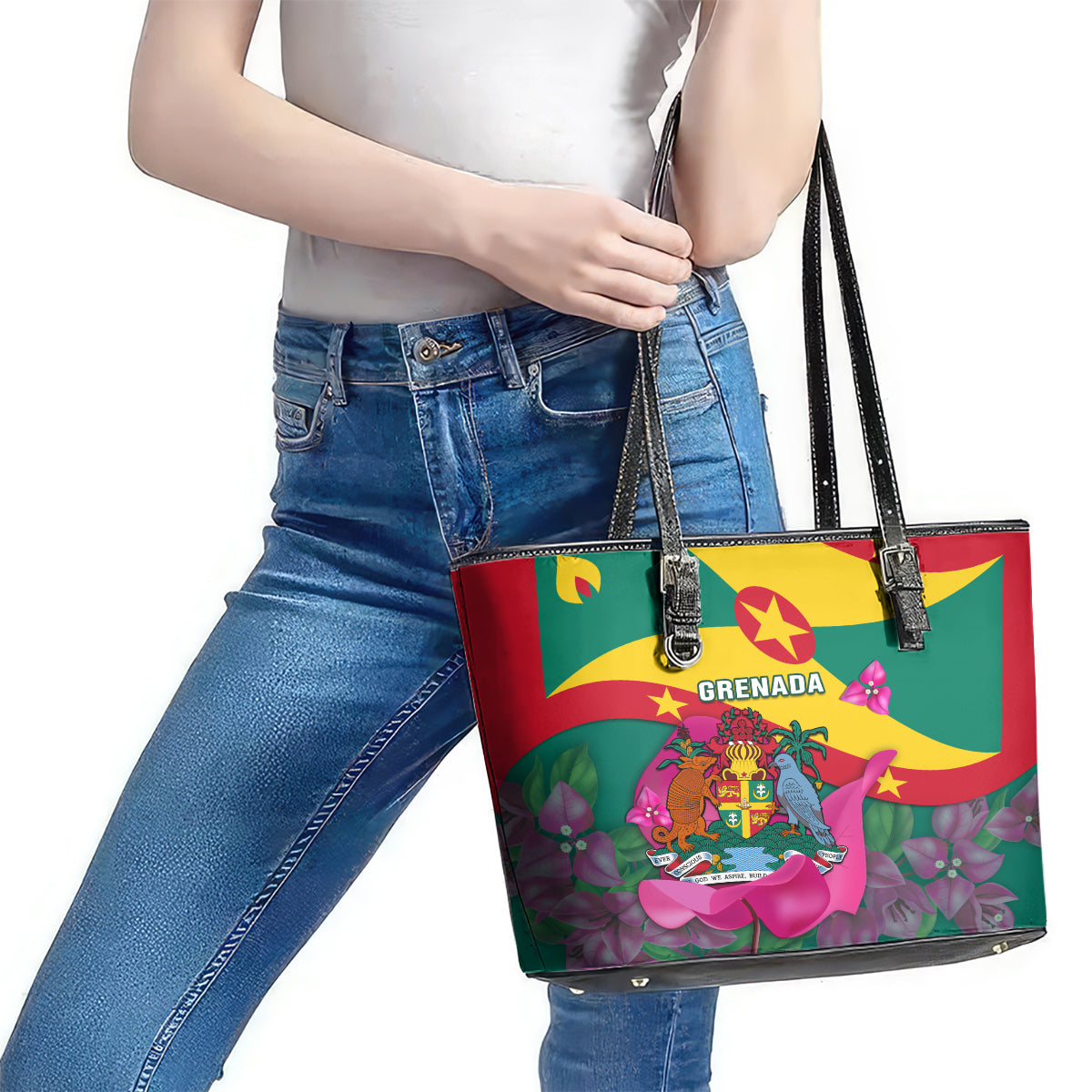 Grenada Independence Day Leather Tote Bag Gwenad Bougainvillea Flowers - Wonder Print Shop