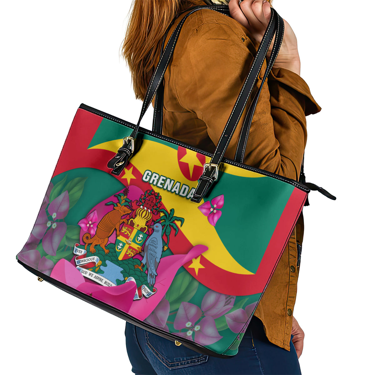 Grenada Independence Day Leather Tote Bag Gwenad Bougainvillea Flowers - Wonder Print Shop