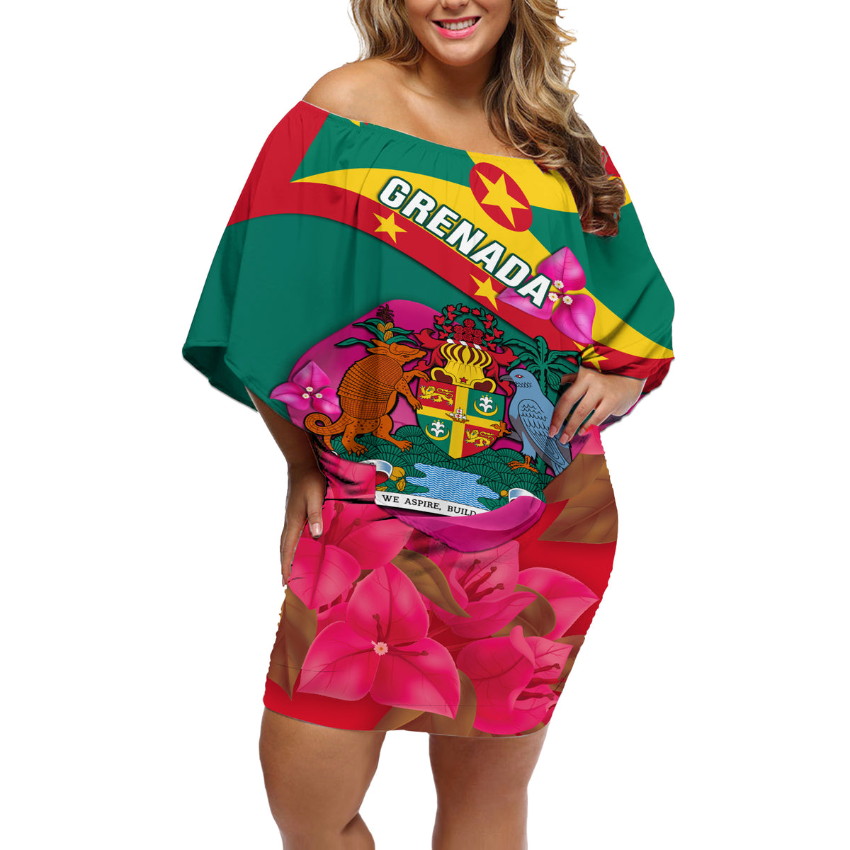 Grenada Independence Day Off Shoulder Short Dress Gwenad Bougainvillea Flowers - Wonder Print Shop