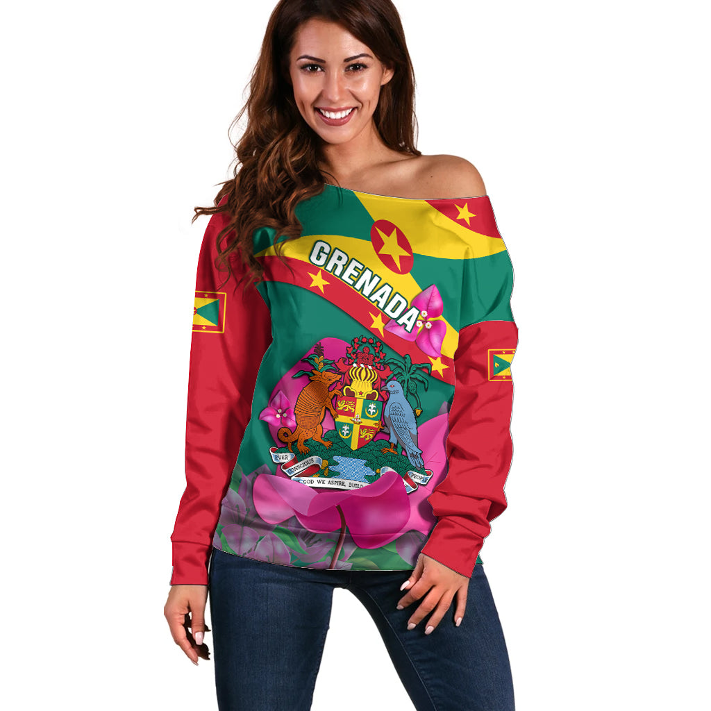 Grenada Independence Day Off Shoulder Sweater Gwenad Bougainvillea Flowers - Wonder Print Shop