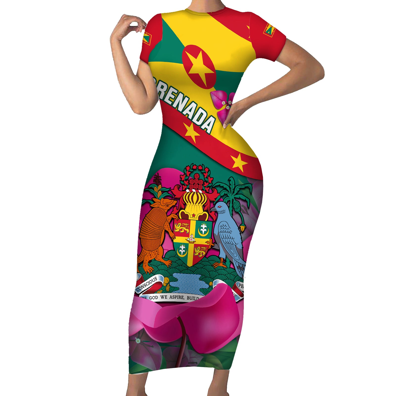 Grenada Independence Day Short Sleeve Bodycon Dress Gwenad Bougainvillea Flowers - Wonder Print Shop