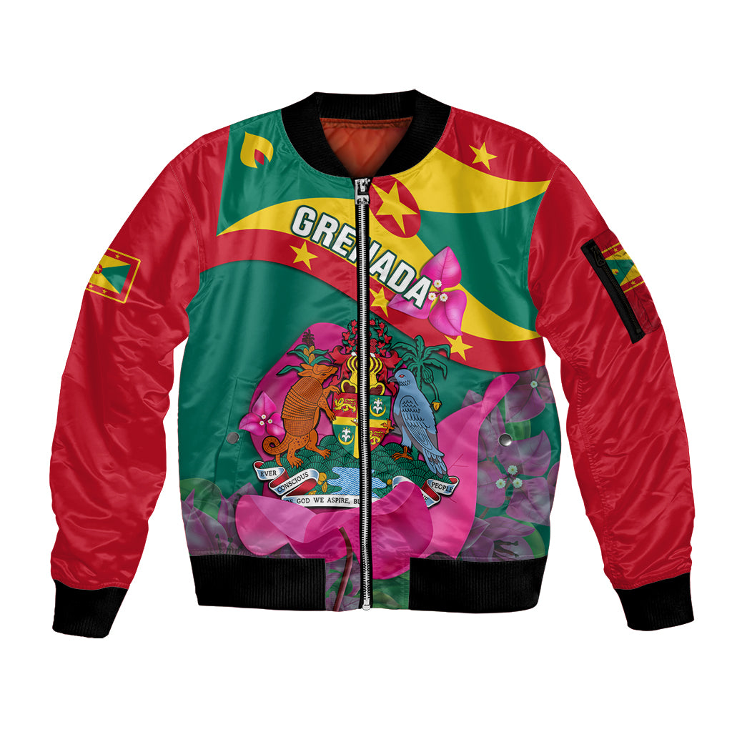 Grenada Independence Day Sleeve Zip Bomber Jacket Gwenad Bougainvillea Flowers - Wonder Print Shop