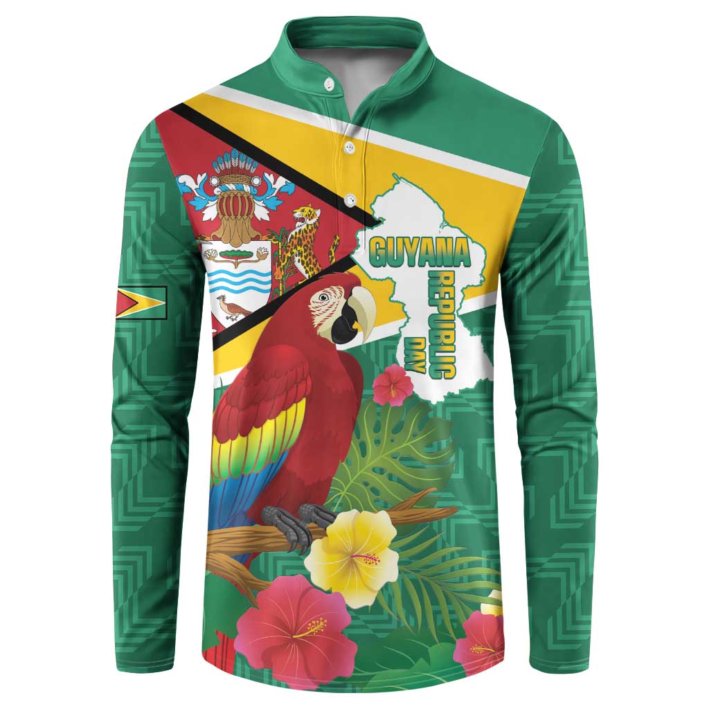 Guyana Republic Day Button Sweatshirt Scarlet Macaw With Map Tropical Style