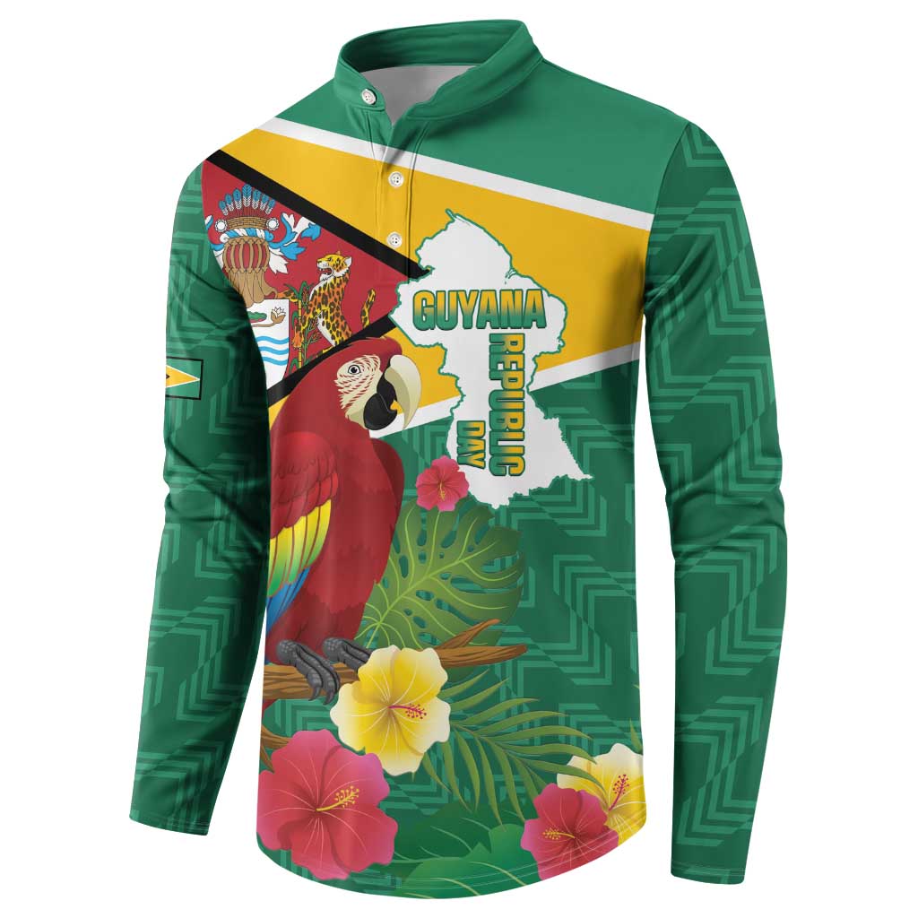 Guyana Republic Day Button Sweatshirt Scarlet Macaw With Map Tropical Style