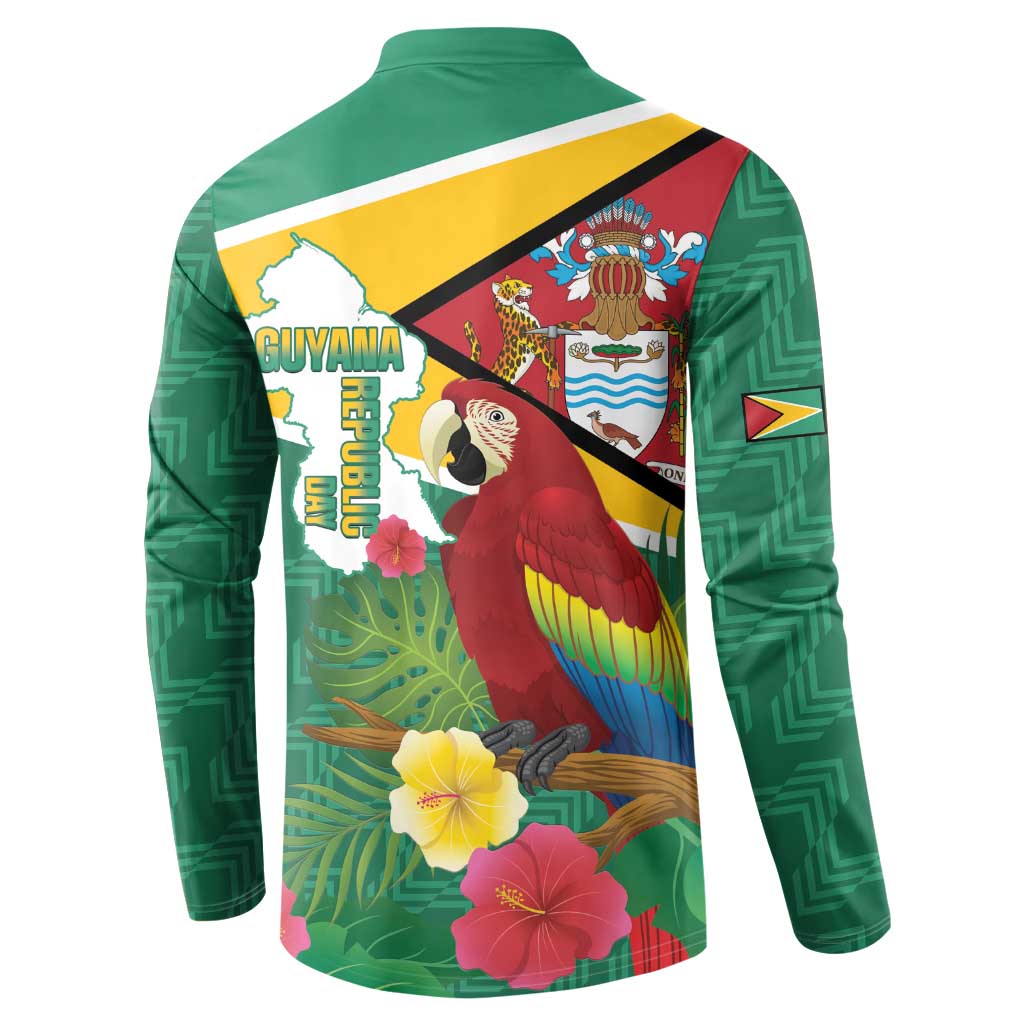 Guyana Republic Day Button Sweatshirt Scarlet Macaw With Map Tropical Style
