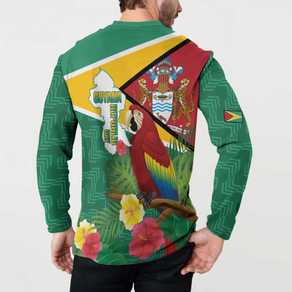 Guyana Republic Day Button Sweatshirt Scarlet Macaw With Map Tropical Style