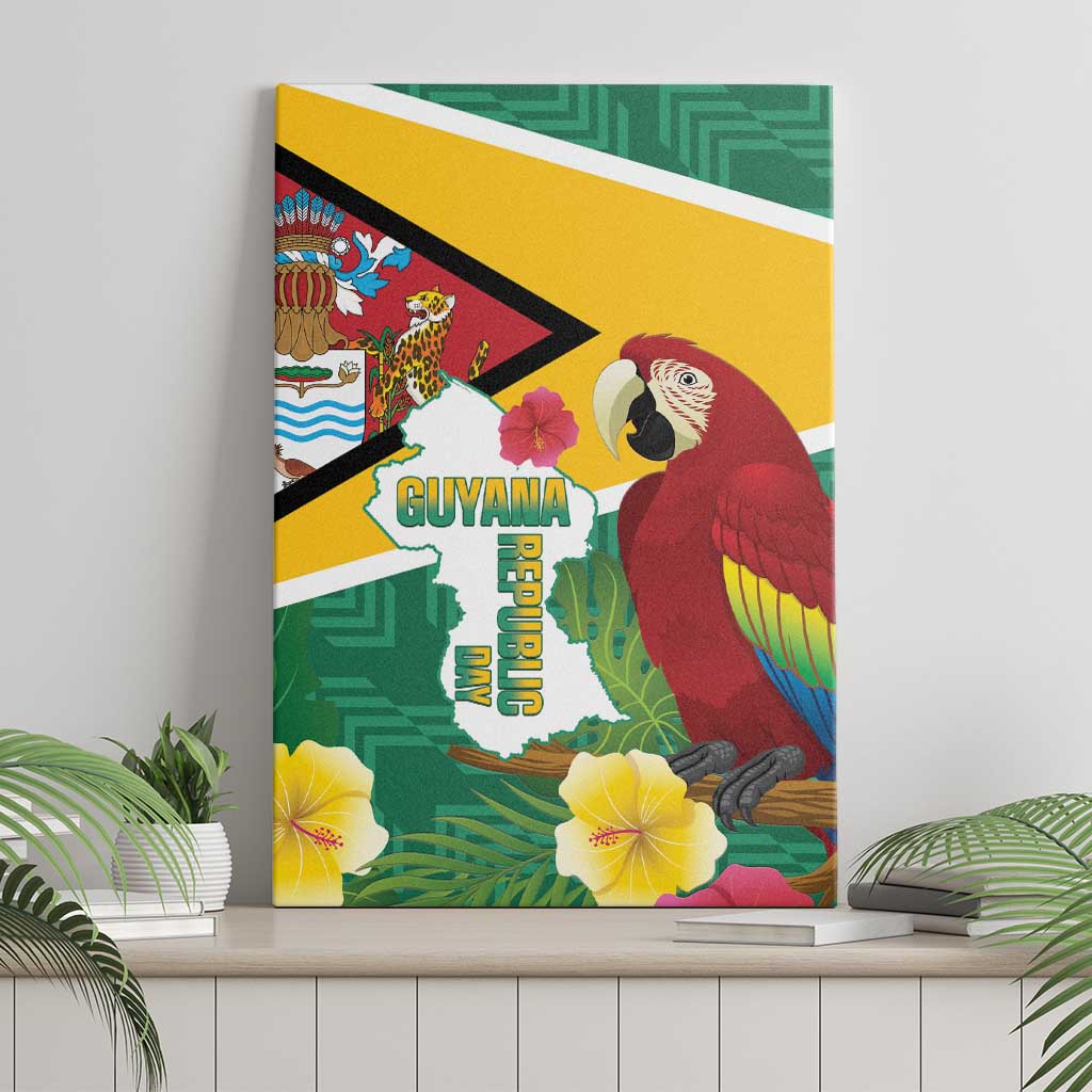 Guyana Republic Day Canvas Wall Art Scarlet Macaw With Map Tropical Style