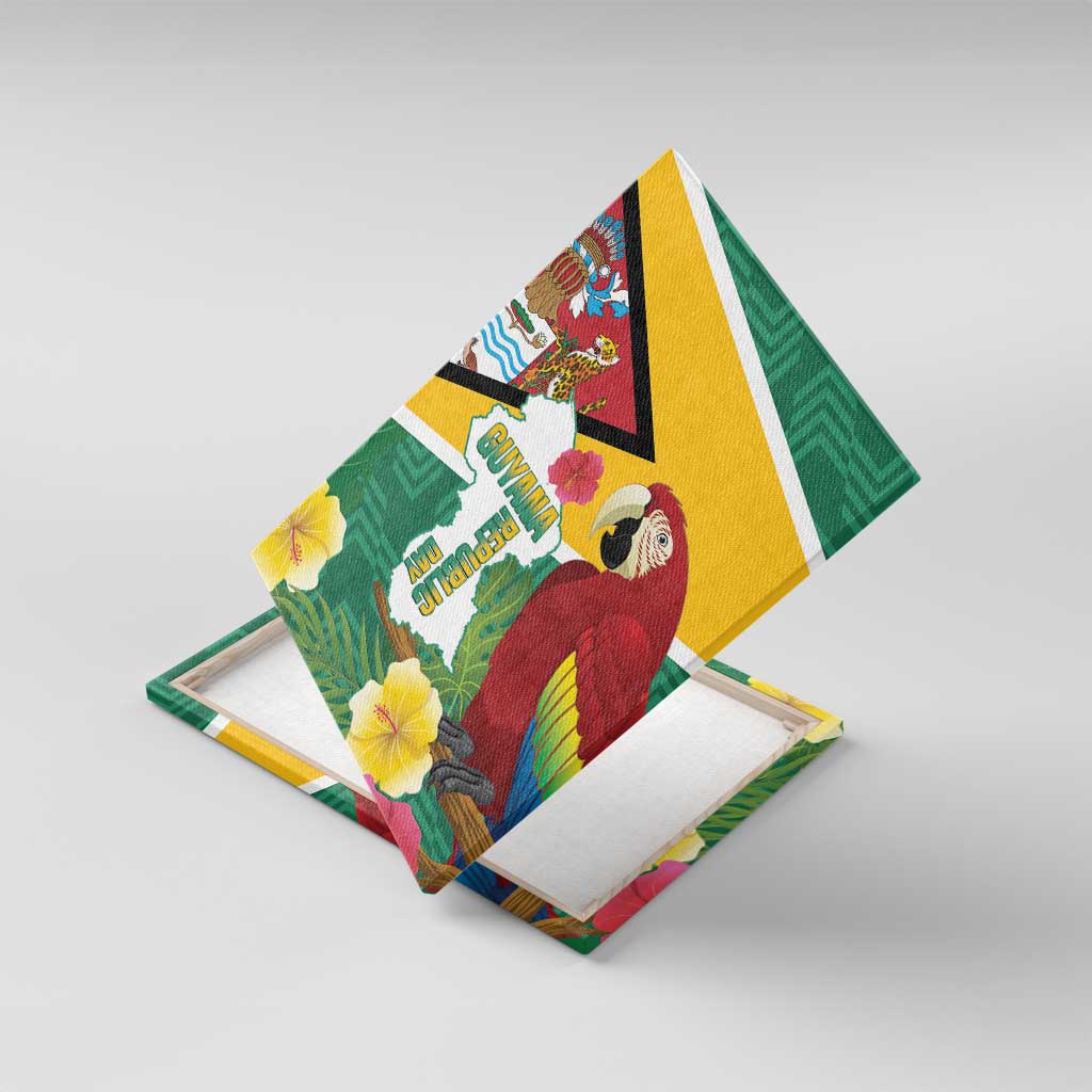 Guyana Republic Day Canvas Wall Art Scarlet Macaw With Map Tropical Style