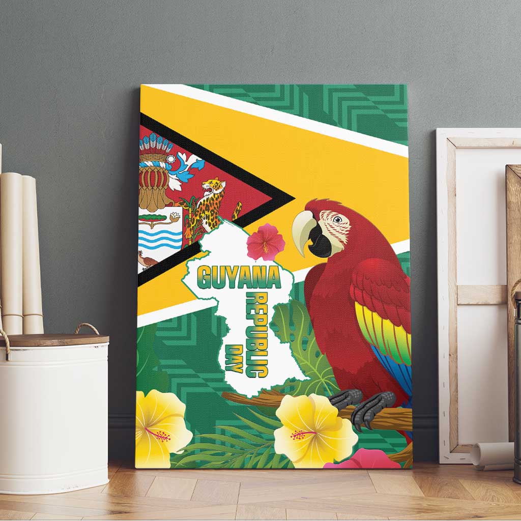 Guyana Republic Day Canvas Wall Art Scarlet Macaw With Map Tropical Style