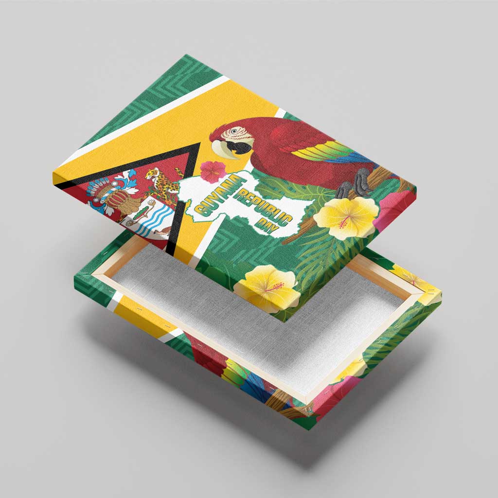 Guyana Republic Day Canvas Wall Art Scarlet Macaw With Map Tropical Style