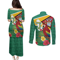 Guyana Republic Day Couples Matching Puletasi and Long Sleeve Button Shirt Scarlet Macaw With Map Tropical Style