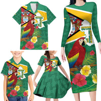 Guyana Republic Day Family Matching Long Sleeve Bodycon Dress and Hawaiian Shirt Scarlet Macaw With Map Tropical Style