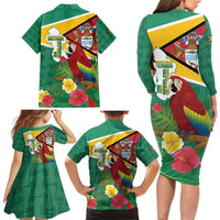 Guyana Republic Day Family Matching Long Sleeve Bodycon Dress and Hawaiian Shirt Scarlet Macaw With Map Tropical Style