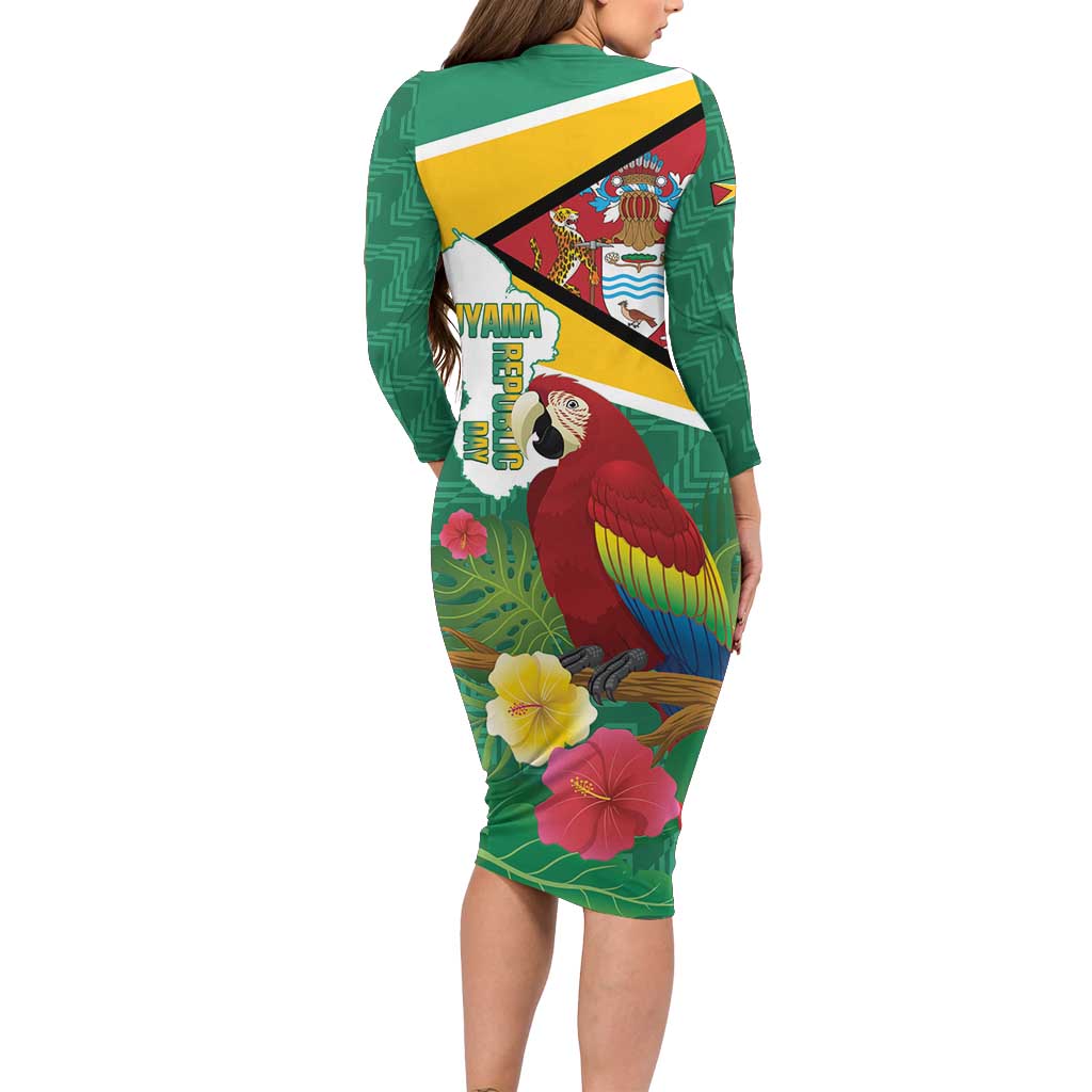 Guyana Republic Day Family Matching Long Sleeve Bodycon Dress and Hawaiian Shirt Scarlet Macaw With Map Tropical Style