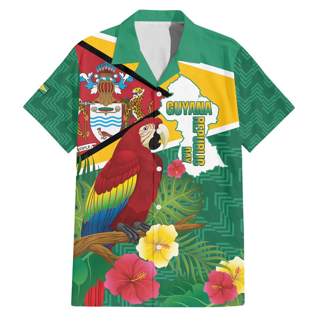 Guyana Republic Day Family Matching Mermaid Dress and Hawaiian Shirt Scarlet Macaw With Map Tropical Style