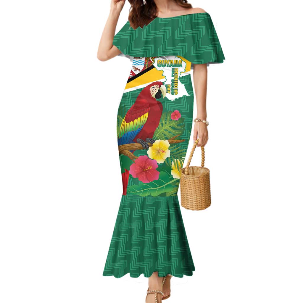 Guyana Republic Day Family Matching Mermaid Dress and Hawaiian Shirt Scarlet Macaw With Map Tropical Style
