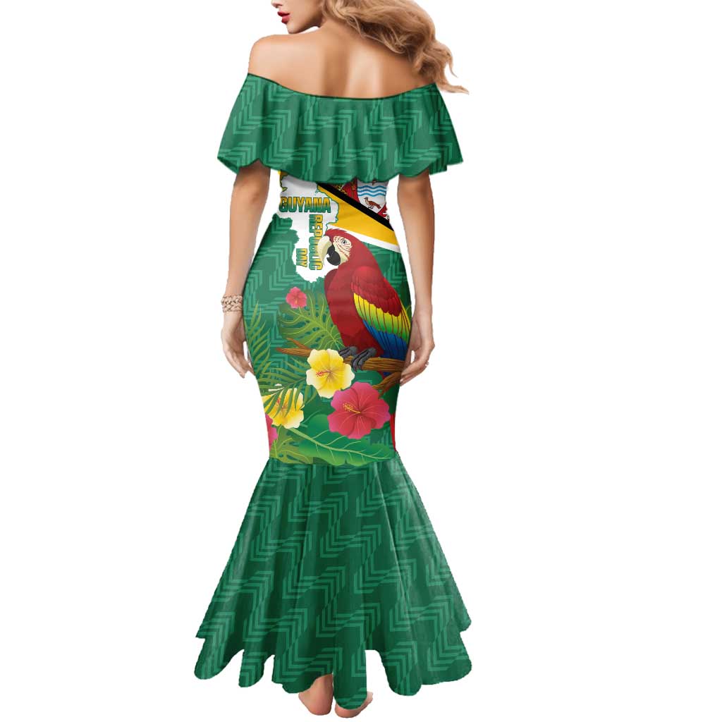 Guyana Republic Day Family Matching Mermaid Dress and Hawaiian Shirt Scarlet Macaw With Map Tropical Style