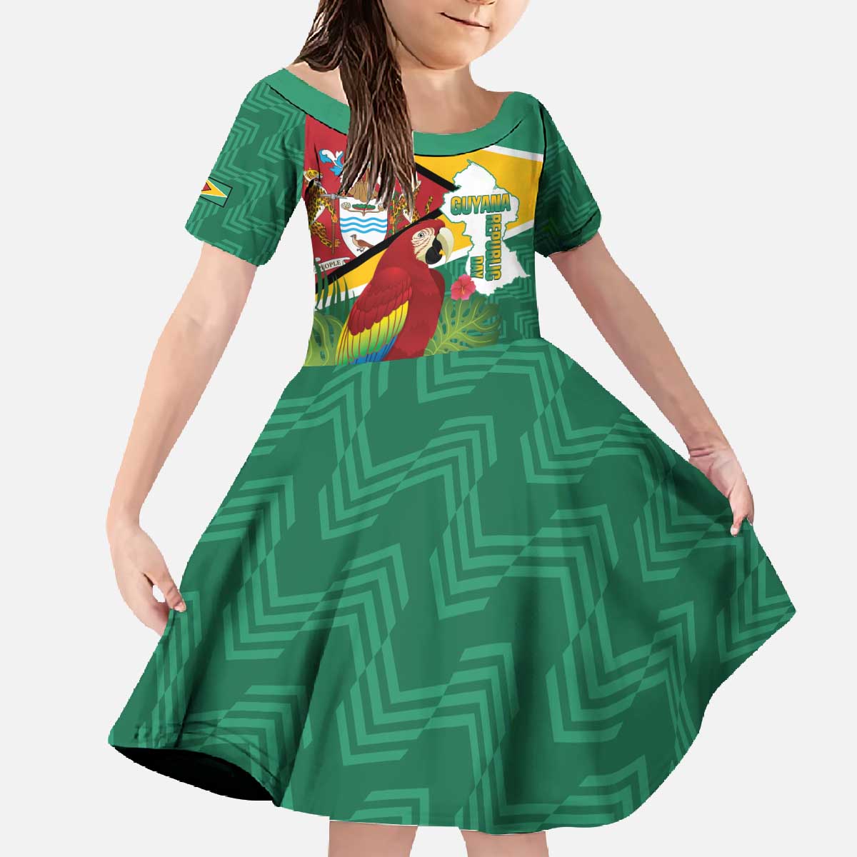 Guyana Republic Day Family Matching Off The Shoulder Long Sleeve Dress and Hawaiian Shirt Scarlet Macaw With Map Tropical Style