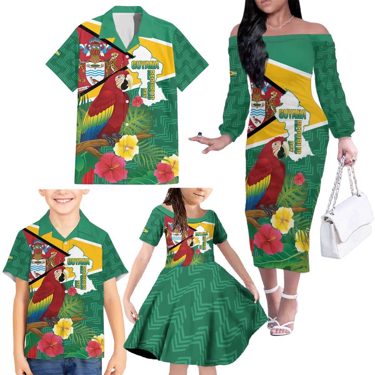 Guyana Republic Day Family Matching Off The Shoulder Long Sleeve Dress and Hawaiian Shirt Scarlet Macaw With Map Tropical Style