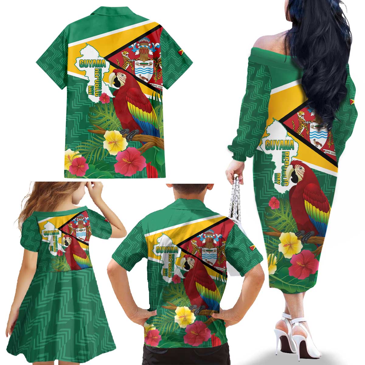 Guyana Republic Day Family Matching Off The Shoulder Long Sleeve Dress and Hawaiian Shirt Scarlet Macaw With Map Tropical Style