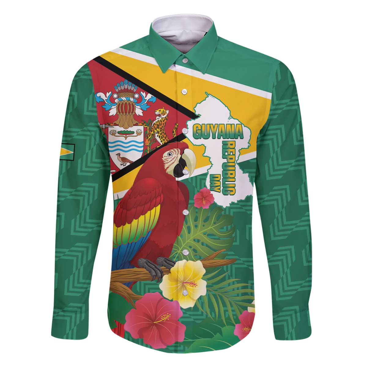 Guyana Republic Day Family Matching Off The Shoulder Long Sleeve Dress and Hawaiian Shirt Scarlet Macaw With Map Tropical Style