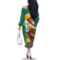 Guyana Republic Day Family Matching Off The Shoulder Long Sleeve Dress and Hawaiian Shirt Scarlet Macaw With Map Tropical Style