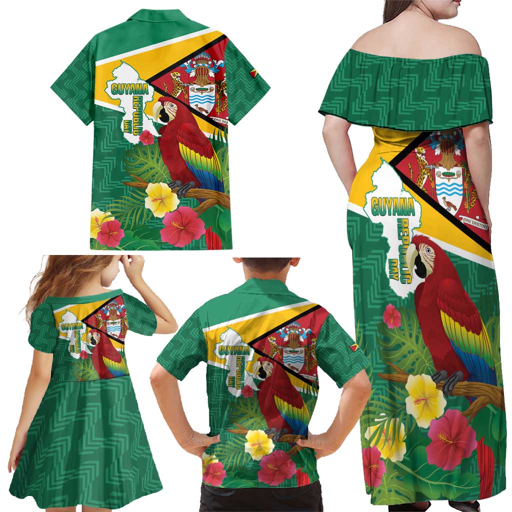 Guyana Republic Day Family Matching Off Shoulder Maxi Dress and Hawaiian Shirt Scarlet Macaw With Map Tropical Style