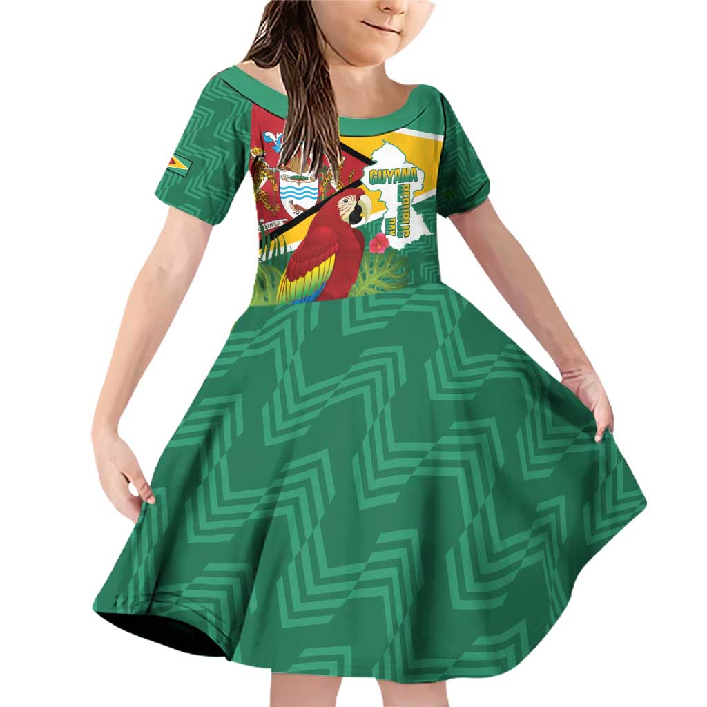 Guyana Republic Day Family Matching Off Shoulder Short Dress and Hawaiian Shirt Scarlet Macaw With Map Tropical Style