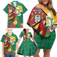 Guyana Republic Day Family Matching Off Shoulder Short Dress and Hawaiian Shirt Scarlet Macaw With Map Tropical Style