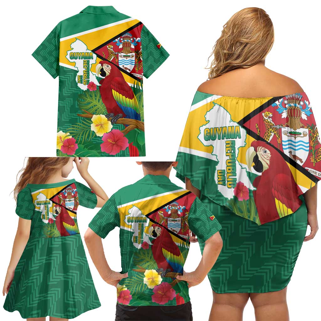 Guyana Republic Day Family Matching Off Shoulder Short Dress and Hawaiian Shirt Scarlet Macaw With Map Tropical Style